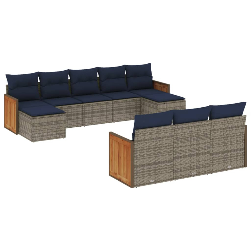 10-tlg. Garten-Sofagarnitur mit Kissen Grau Poly Rattan