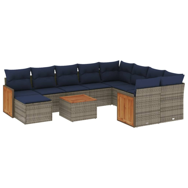 11-tlg. Garten-Sofagarnitur mit Kissen Grau Poly Rattan
