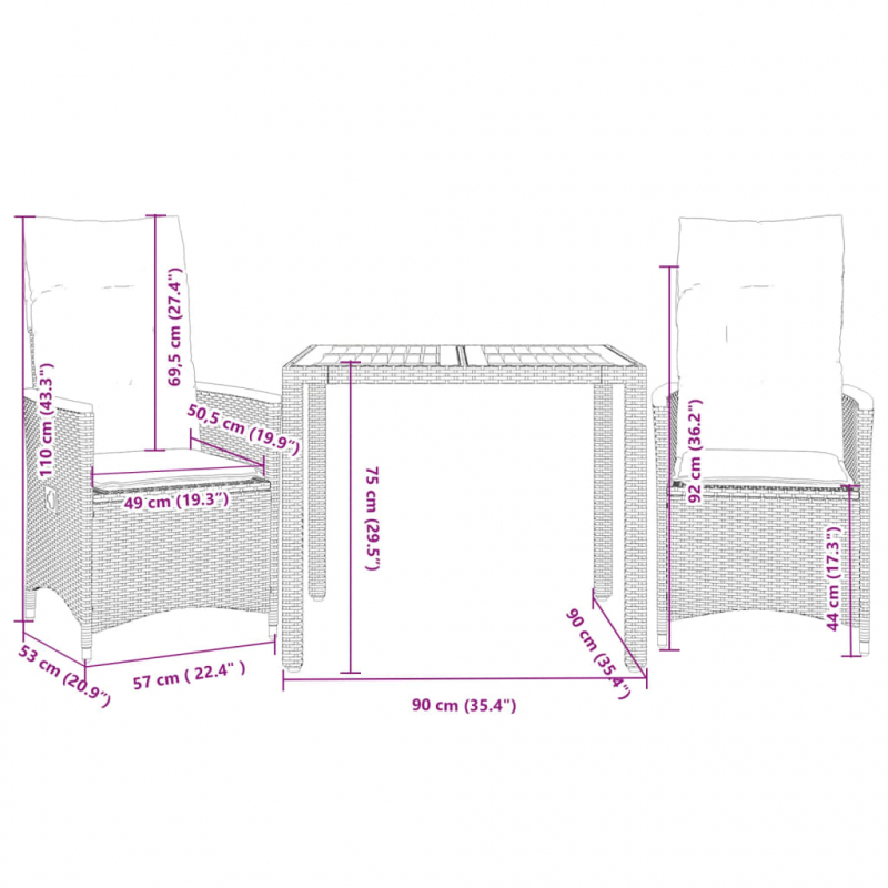 3-tlg. Bistro-Set mit Kissen Schwarz Poly Rattan