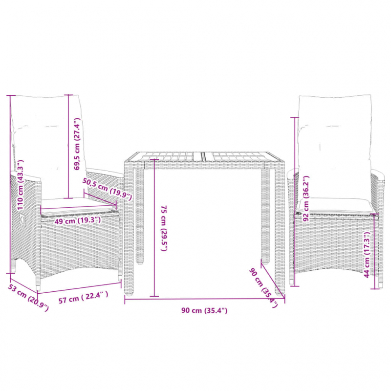 3-tlg. Bistro-Set mit Kissen Grau Poly Rattan