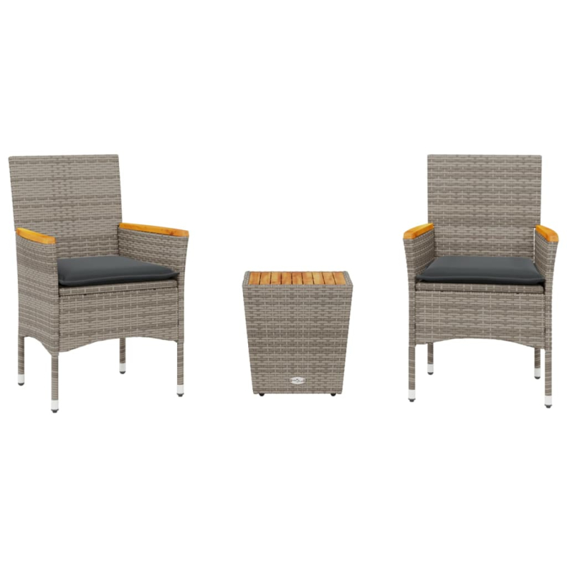 3-tlg. Bistro-Set mit Kissen Grau Poly Rattan und Glas