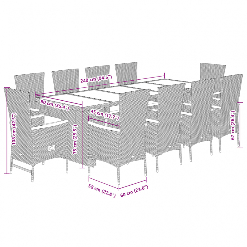 11-tlg. Garten-Essgruppe mit Kissen Schwarz Poly Rattan