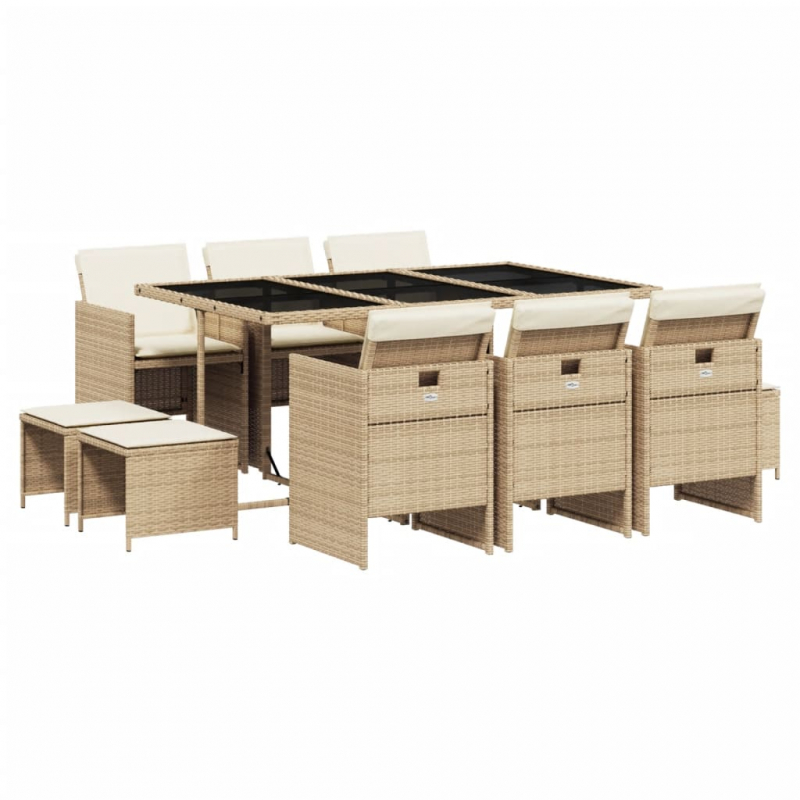 11-tlg. Garten-Essgruppe mit Kissen Beige Poly Rattan