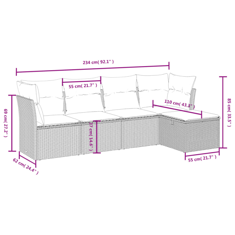 5-tlg. Garten-Sofagarnitur mit Kissen Grau Poly Rattan