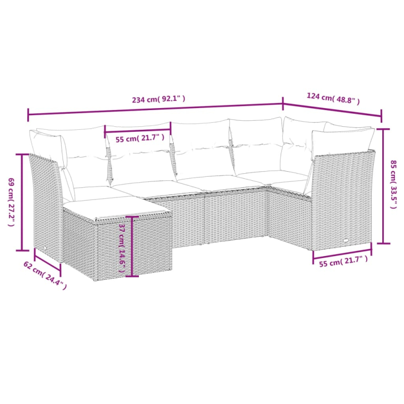6-tlg. Garten-Sofagarnitur mit Kissen Grau Poly Rattan