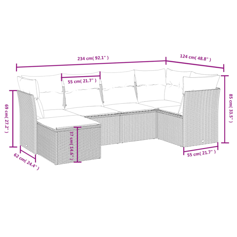 6-tlg. Garten-Sofagarnitur mit Kissen Braun Poly Rattan