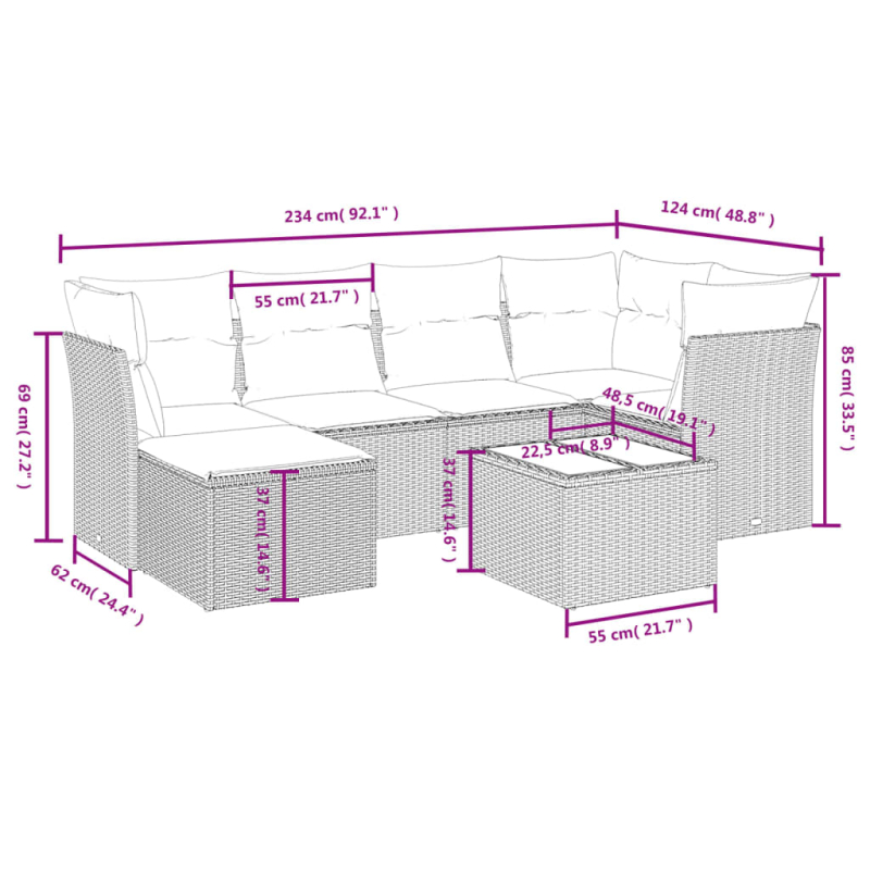 7-tlg. Garten-Sofagarnitur mit Kissen Braun Poly Rattan