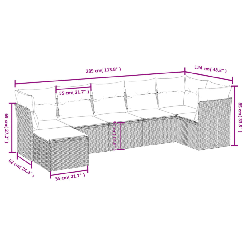 7-tlg. Garten-Sofagarnitur mit Kissen Braun Poly Rattan