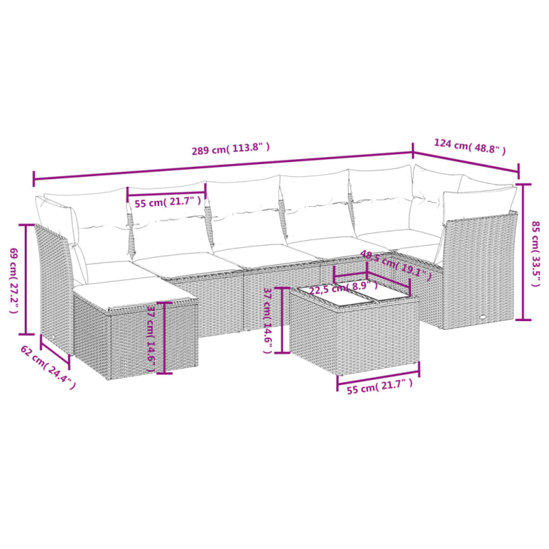 8-tlg. Garten-Sofagarnitur mit Kissen Schwarz Poly Rattan