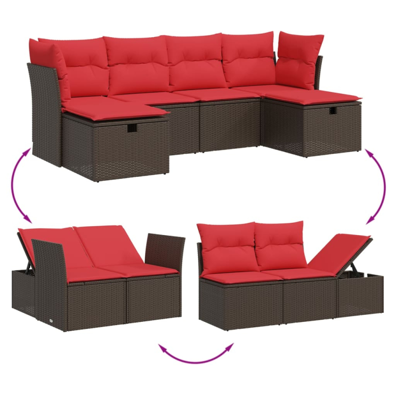 6-tlg. Garten-Sofagarnitur mit Kissen Braun Poly Rattan