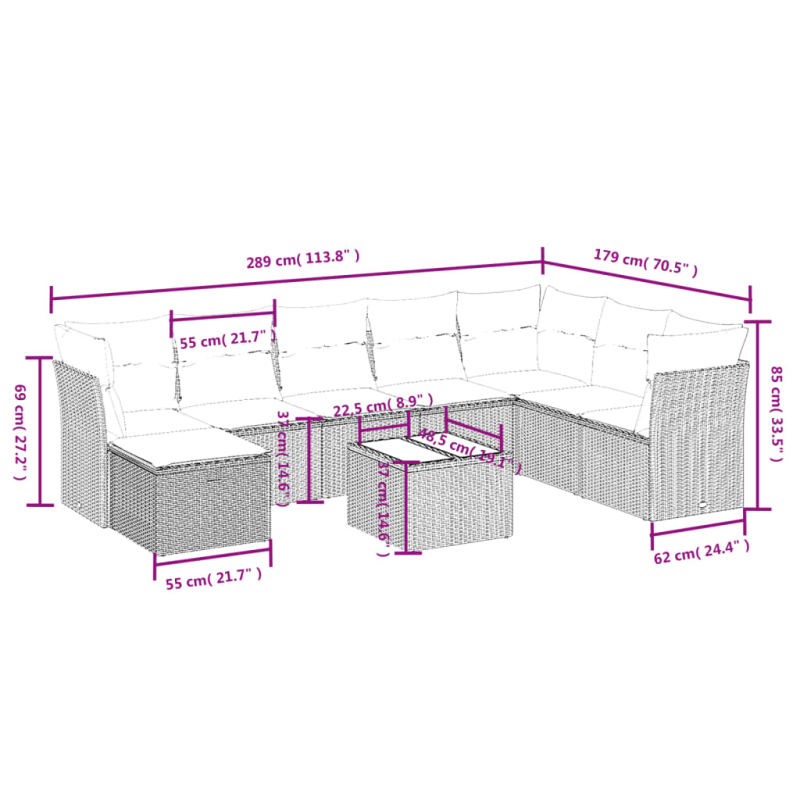 9-tlg. Garten-Sofagarnitur mit Kissen Braun Poly Rattan