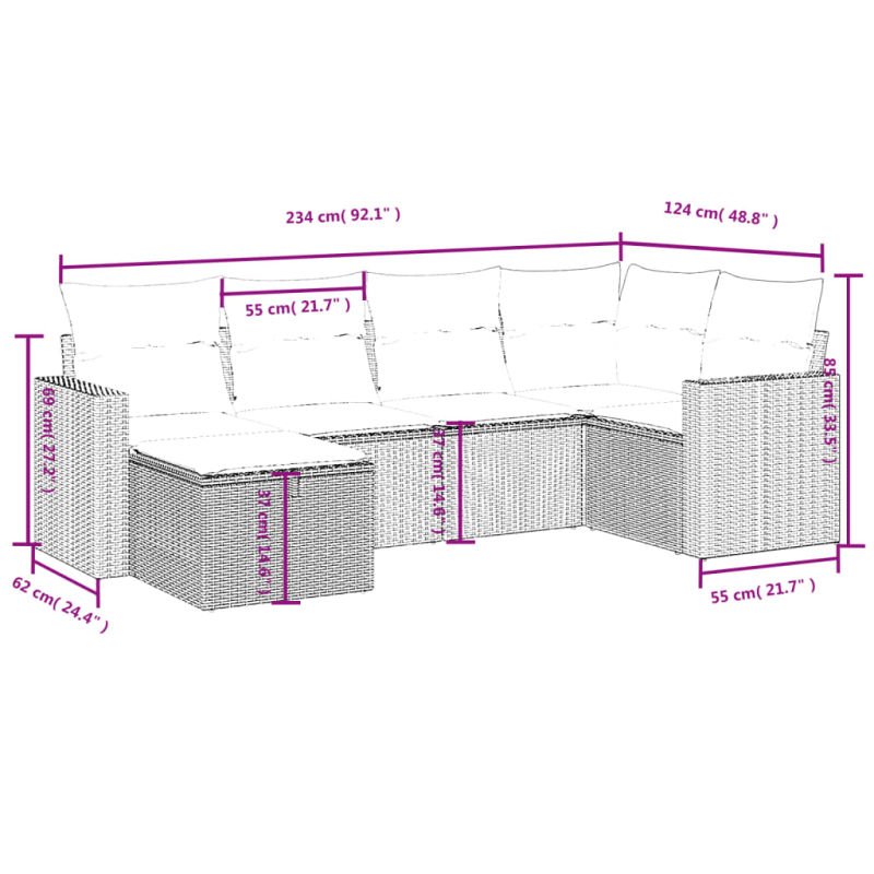 6-tlg. Garten-Sofagarnitur mit Kissen Grau Poly Rattan