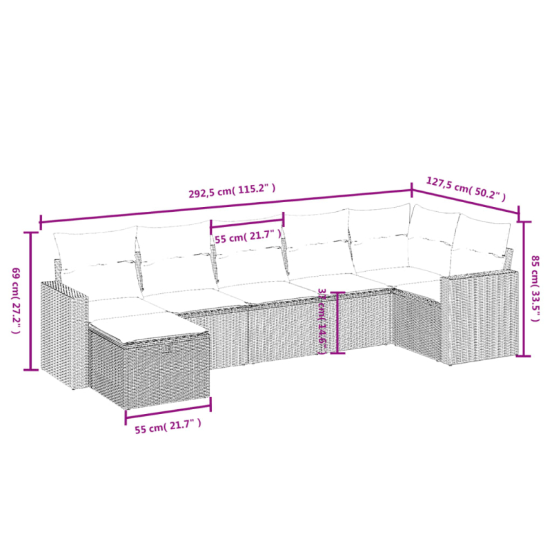 7-tlg. Garten-Sofagarnitur mit Kissen Grau Poly Rattan