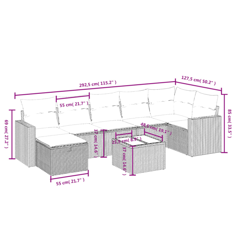 8-tlg. Garten-Sofagarnitur mit Kissen Braun Poly Rattan