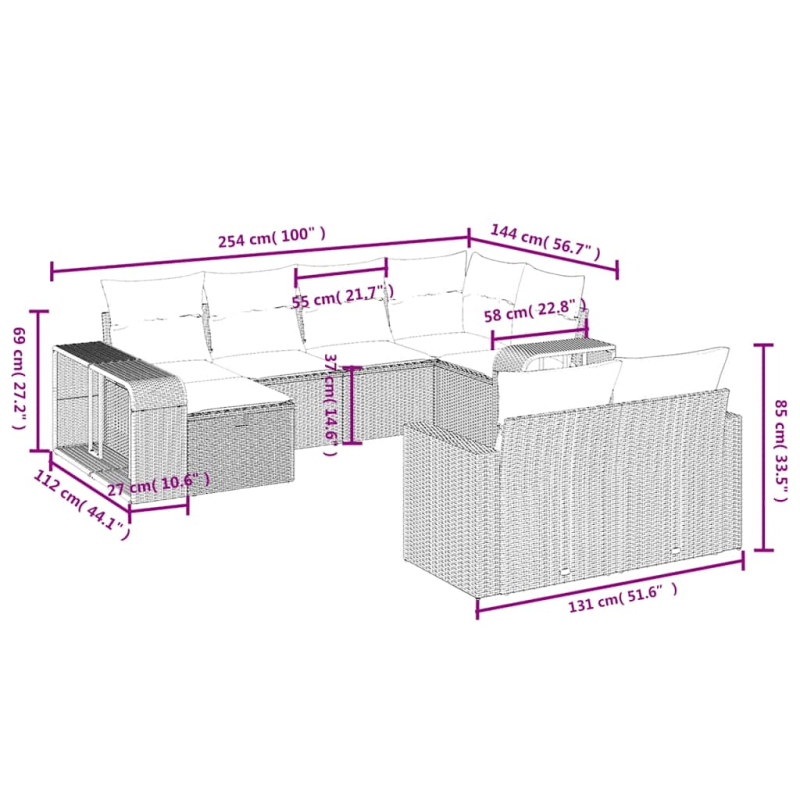 10-tlg. Garten-Sofagarnitur mit Kissen Braun Poly Rattan