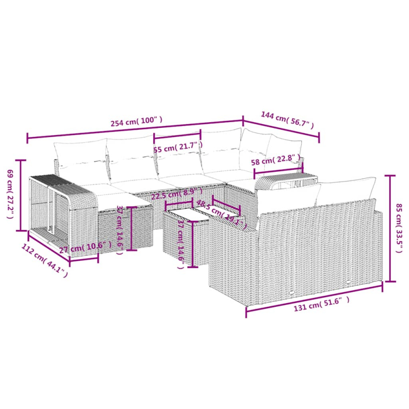11-tlg. Garten-Sofagarnitur mit Kissen Braun Poly Rattan