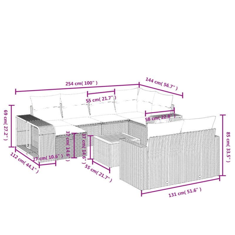 11-tlg. Garten-Sofagarnitur mit Kissen Schwarz Poly Rattan