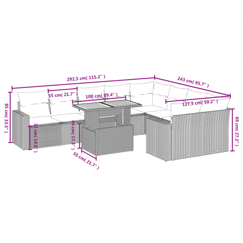 10-tlg. Garten-Sofagarnitur mit Kissen Schwarz Poly Rattan