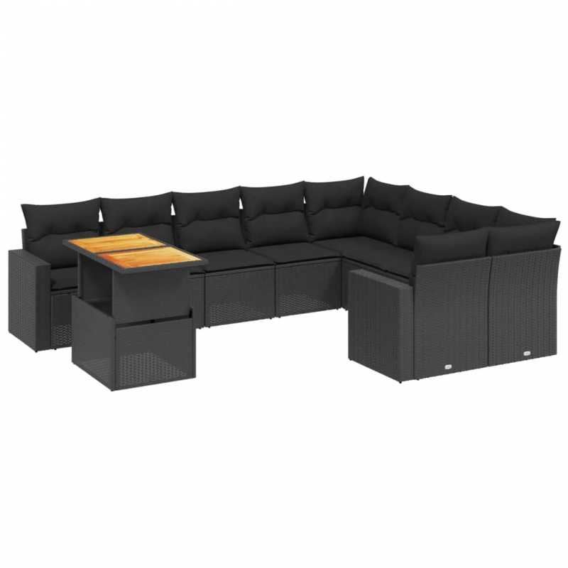 10-tlg. Garten-Sofagarnitur mit Kissen Schwarz Poly Rattan