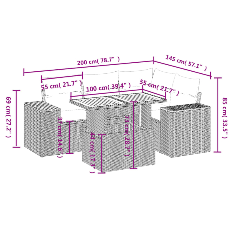 5-tlg. Garten-Sofagarnitur mit Kissen Schwarz Poly Rattan