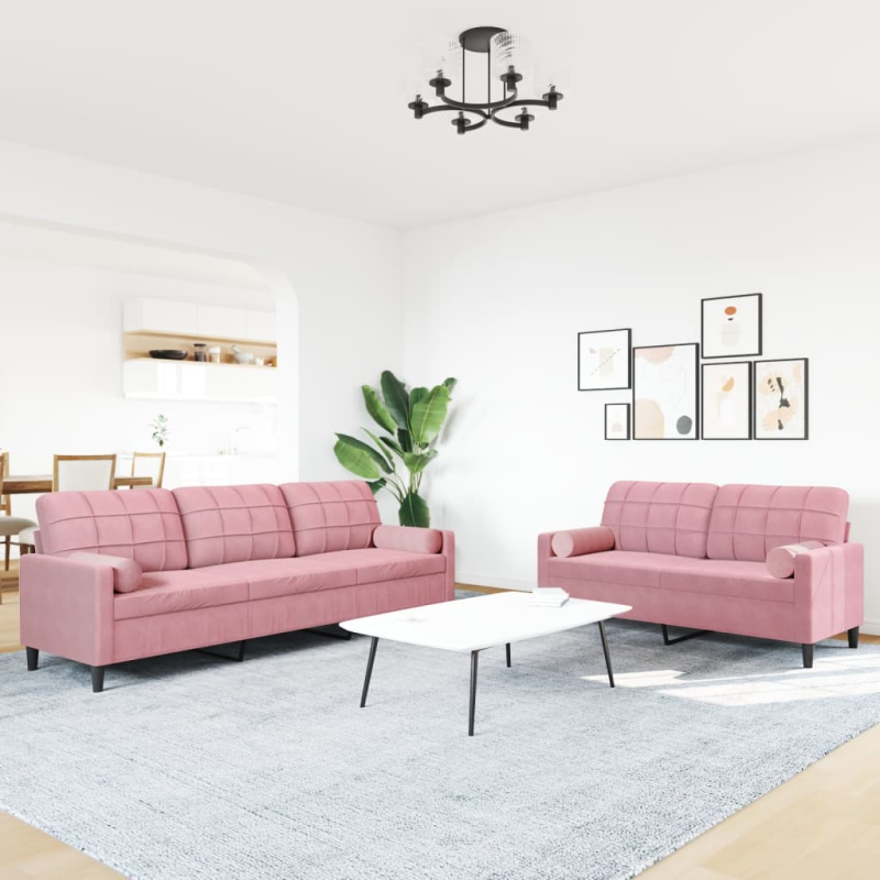 2-tlg. Sofagarnitur mit Kissen und Nackenrollen Rosa Samt