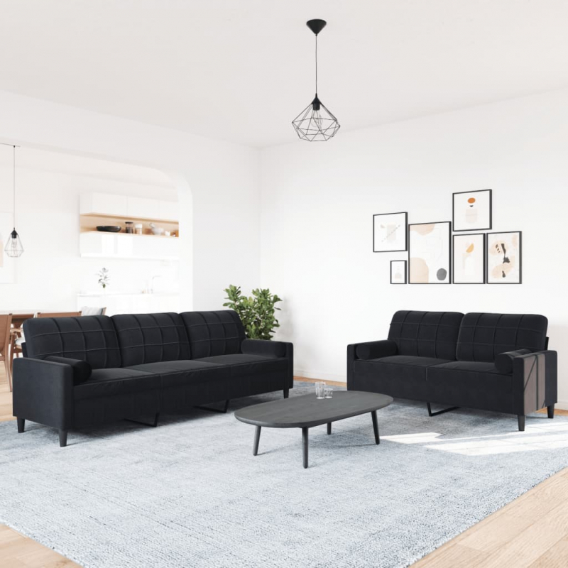 2-tlg. Sofagarnitur mit Kissen und Nackenrollen Schwarz Samt