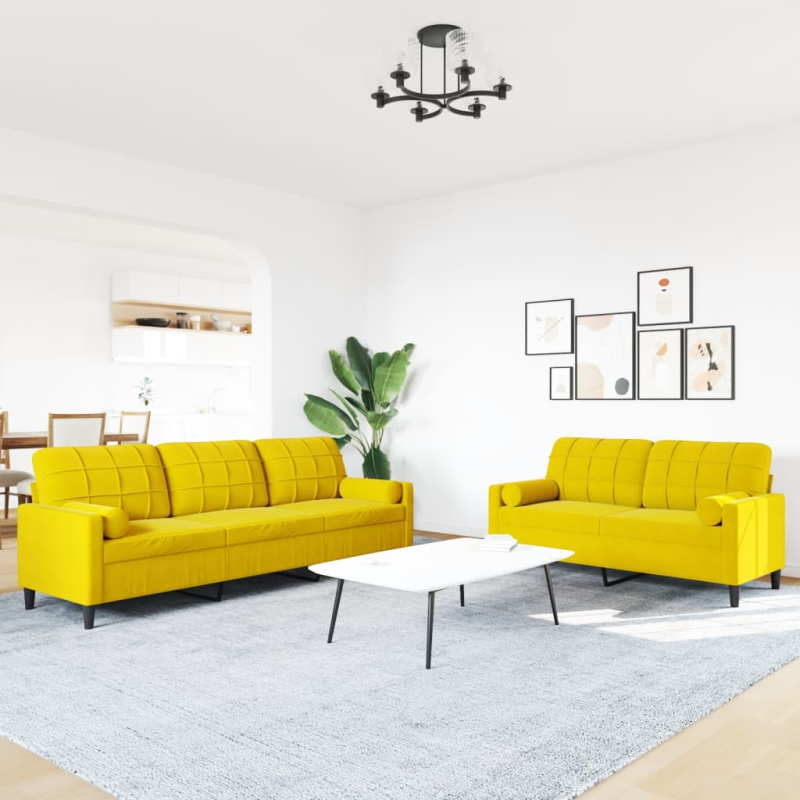 2-tlg. Sofagarnitur mit Kissen und Nackenrollen Gelb Samt