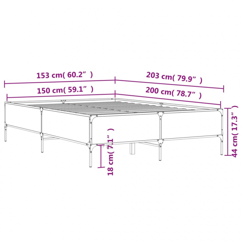 Bettgestell Grau Sonoma 150x200 cm Holzwerkstoff und Metall
