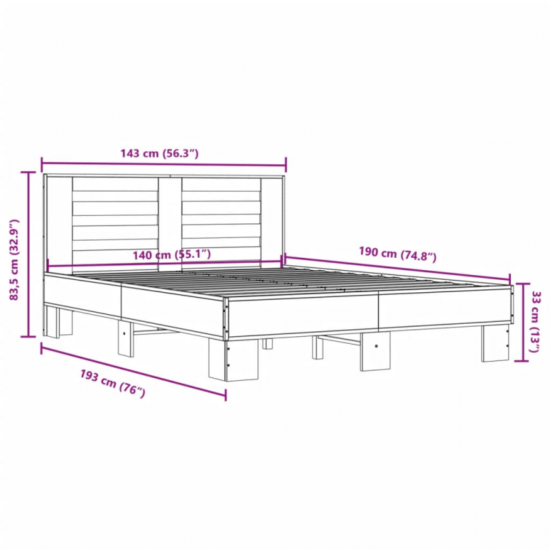 Bettgestell Grau Sonoma 140x190 cm Holzwerkstoff und Metall