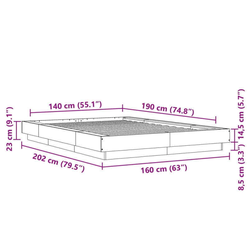 Bettgestell Betongrau 140x190 cm Holzwerkstoff