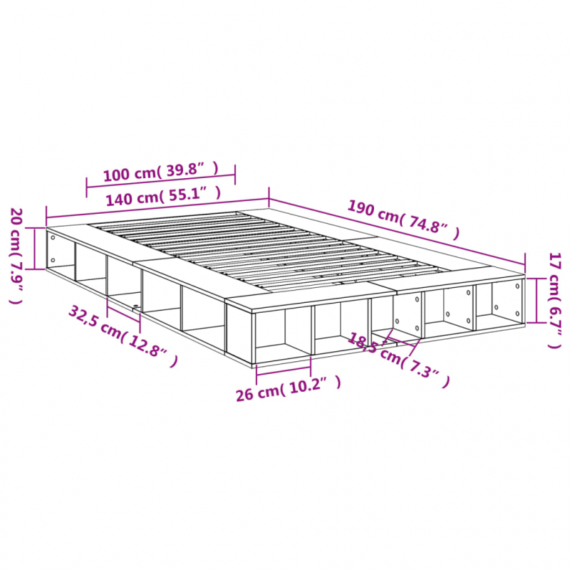 Bettgestell Betongrau 140x190 cm Holzwerkstoff