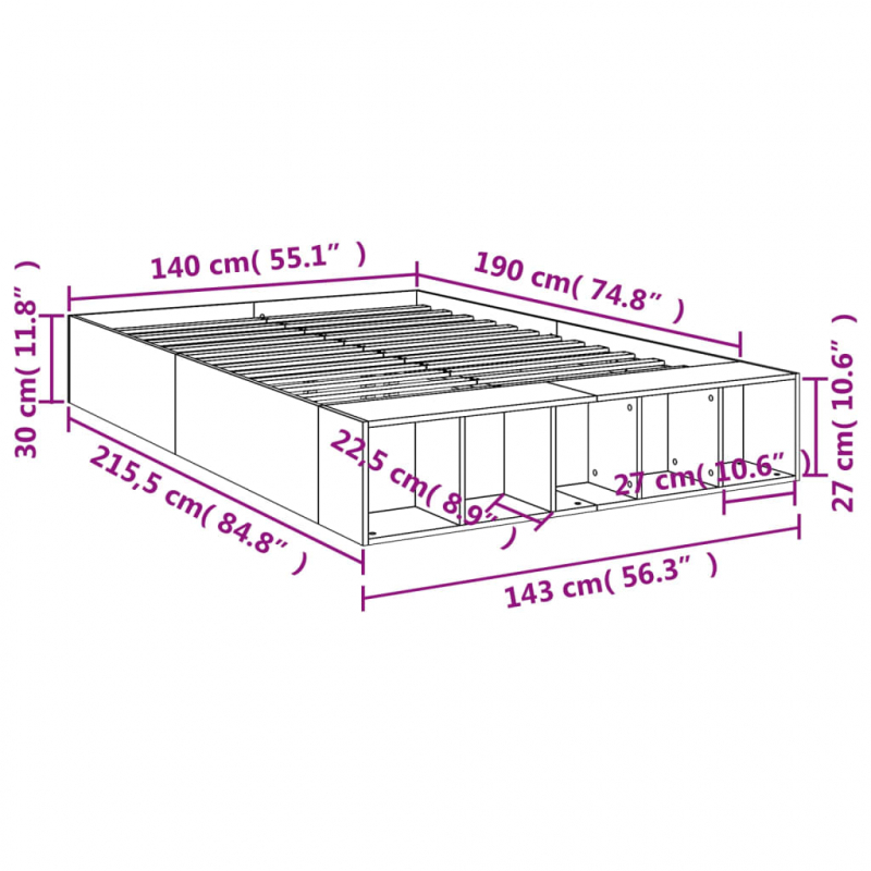 Bettgestell Grau Sonoma 140x190 cm Holzwerkstoff
