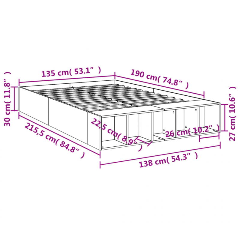 Bettgestell Grau Sonoma 135x190 cm Holzwerkstoff