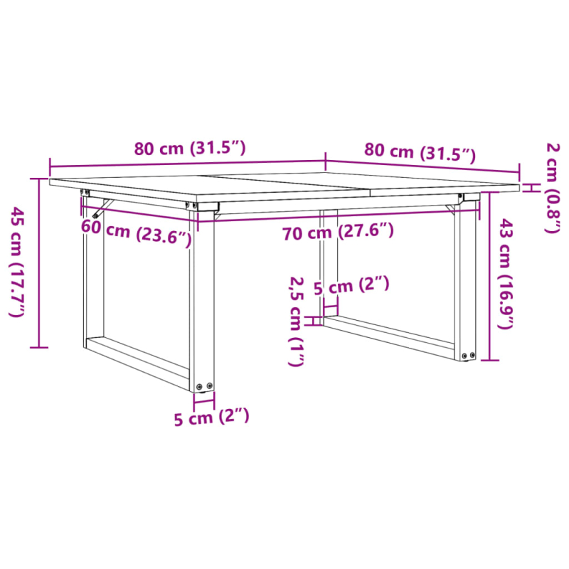 Couchtisch O-Gestell 80x80x45cm Massivholz Kiefer und Stahl