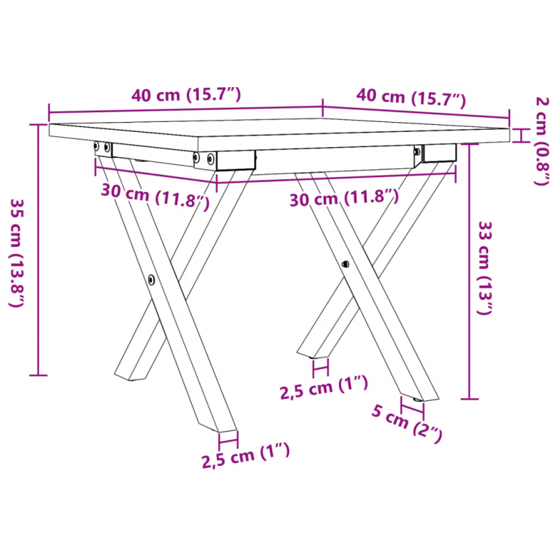 Couchtisch X-Gestell 40x40x35cm Massivholz Kiefer und Stahl