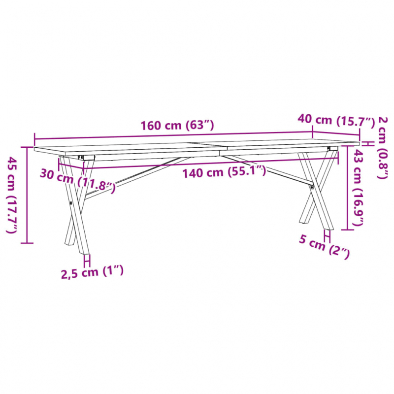 Couchtisch X-Gestell 160x40x45 cm Massivholz Kiefer & Stahl