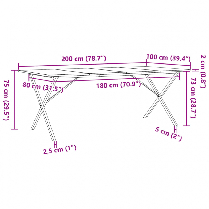 Esstisch X-Gestell 200x100x75cm Massivholz Kiefer und Gusseisen