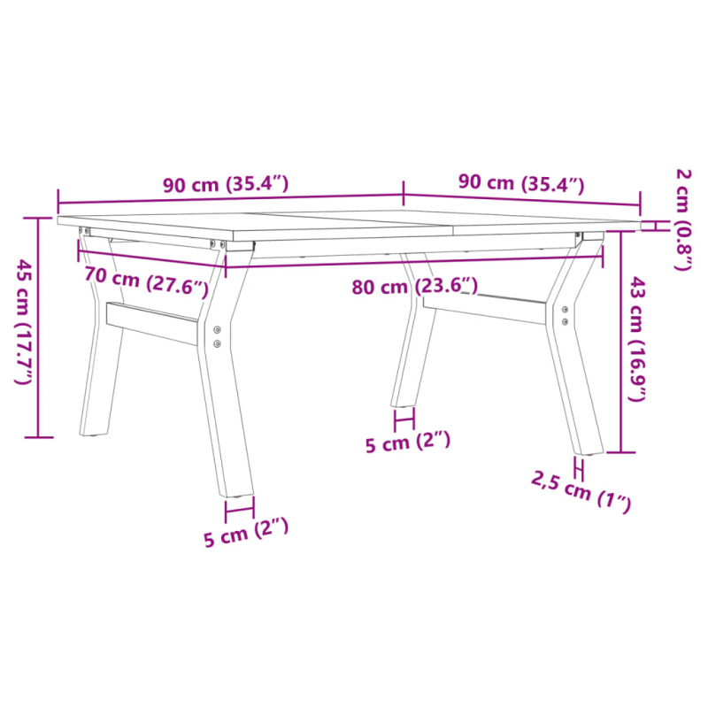 Couchtisch Y-Gestell 90x90x45cm Massivholz Kiefer und Stahl
