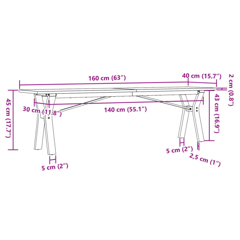 Couchtisch Y-Gestell 160x40x45 cm Massivholz Kiefer & Stahl