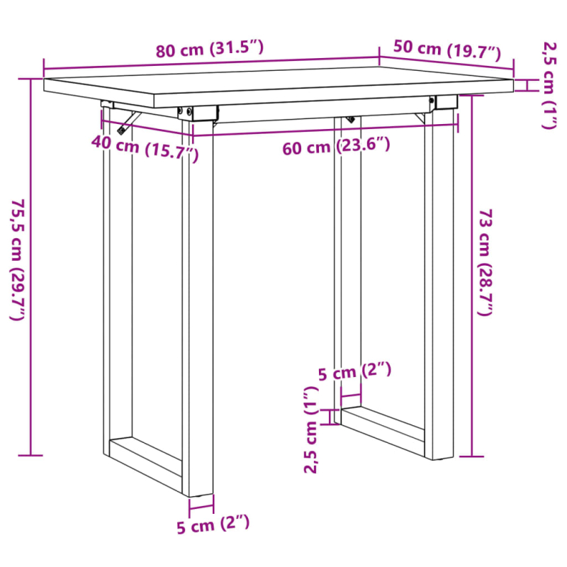 Esstisch O-Gestell 80x50x75,5 cm Massivholz Kiefer & Stahl