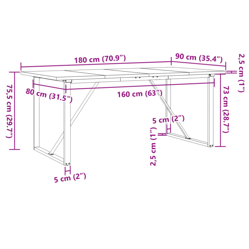 Esstisch O-Gestell 180x90x75,5 cm Massivholz Kiefer & Stahl
