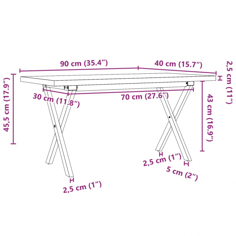 Couchtisch X-Gestell 90x40x45,5cm Massivholz Kiefer & Stahl
