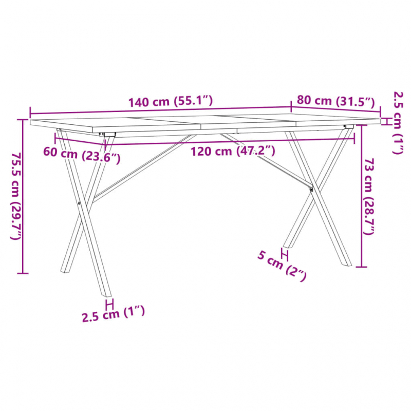 Esstisch X-Gestell 140x80x75,5 cm Massivholz Kiefer & Gusseisen