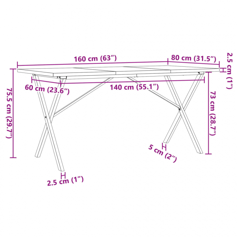 Esstisch X-Gestell 160x80x75,5 cm Massivholz Kiefer & Stahl