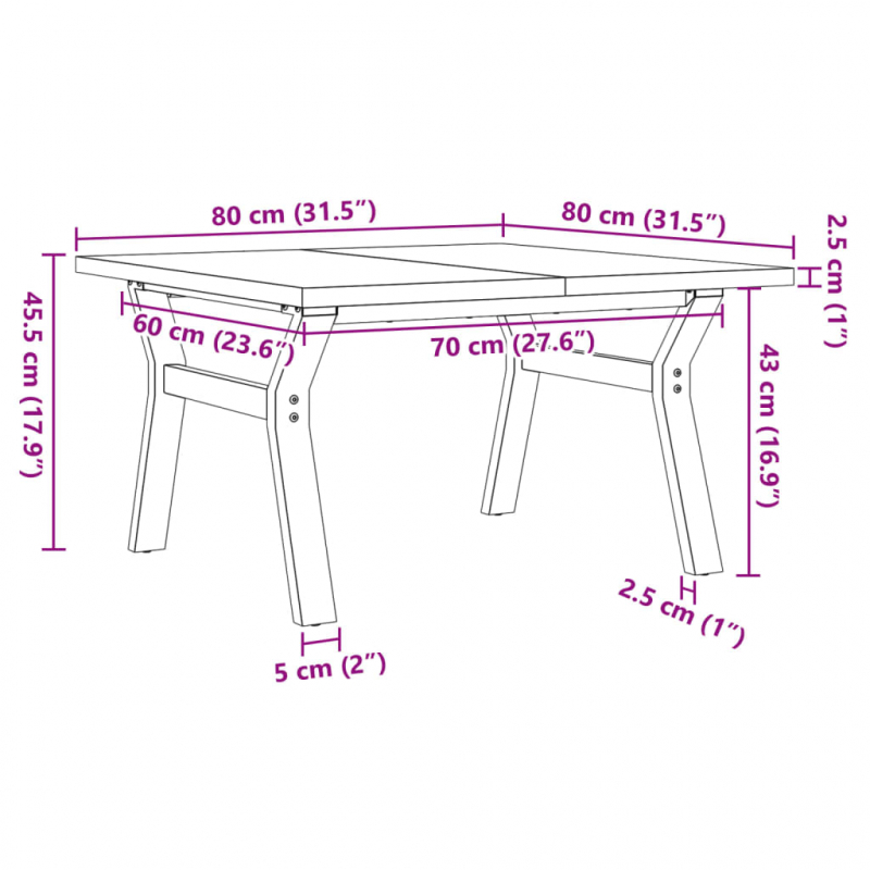 Couchtisch Y-Gestell 80x80x45,5cm Massivholz Kiefer & Stahl