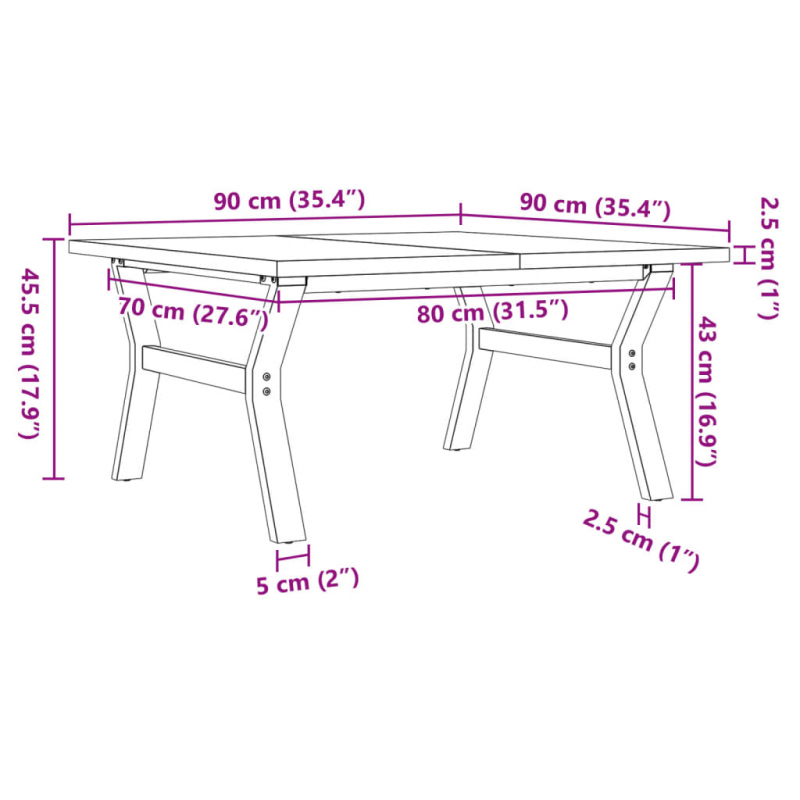 Couchtisch Y-Gestell 90x90x45,5cm Massivholz Kiefer & Stahl