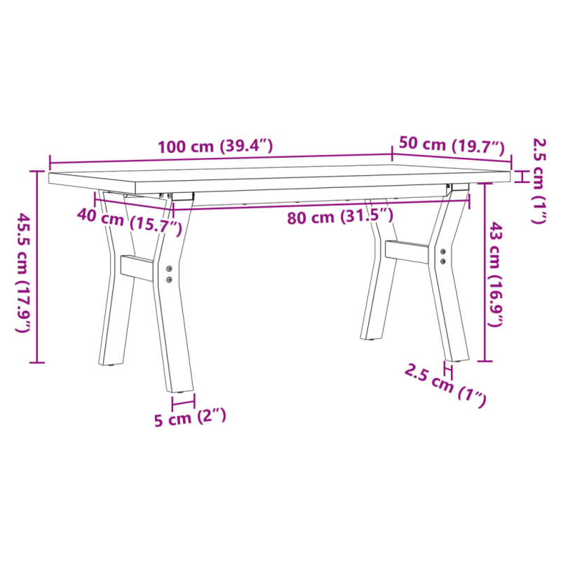 Couchtisch Y-Gestell 100x50x45,5 cm Massivholz Kiefer Stahl