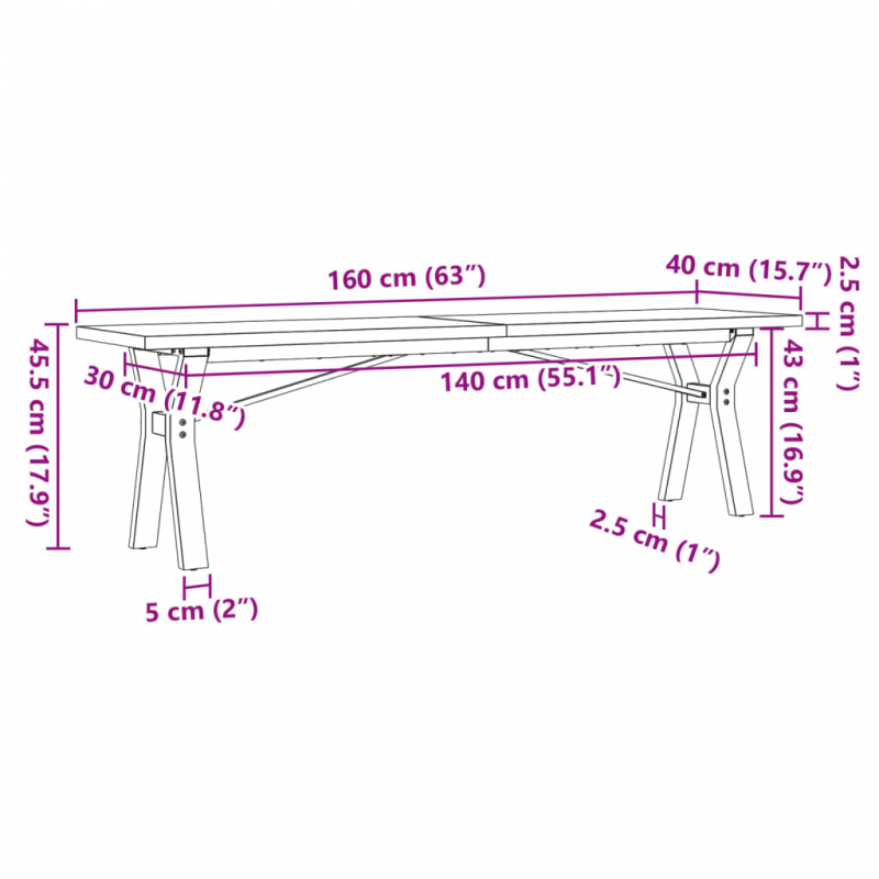 Couchtisch Y-Gestell 160x40x45,5 cm Massivholz Kiefer Stahl