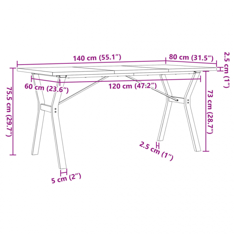 Esstisch Y-Gestell 140x80x75,5 cm Massivholz Kiefer & Gusseisen