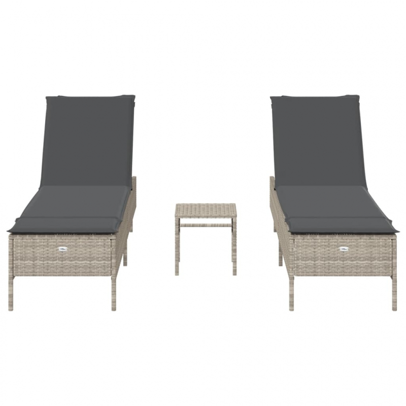 3-tlg. Sonnenliegen-Set mit Auflage Hellgrau Poly Rattan